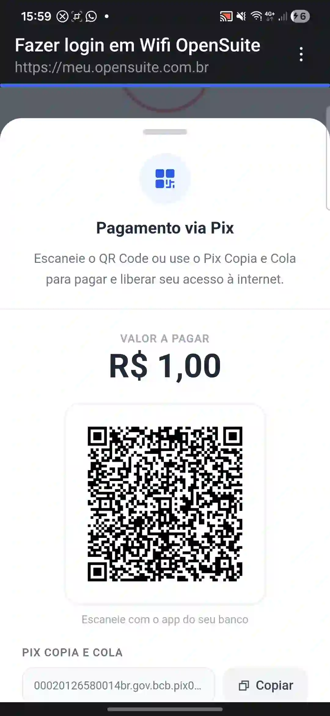 Pagamento via Pix confirmado durante o login no Wi-Fácil